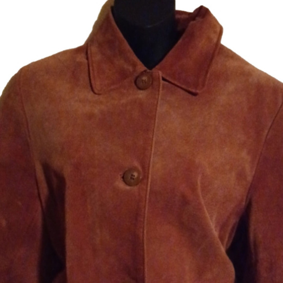 retro leather/ suede beautiful brown coat by Bernardo. Size medium.Flaw. - Picture 2 of 12